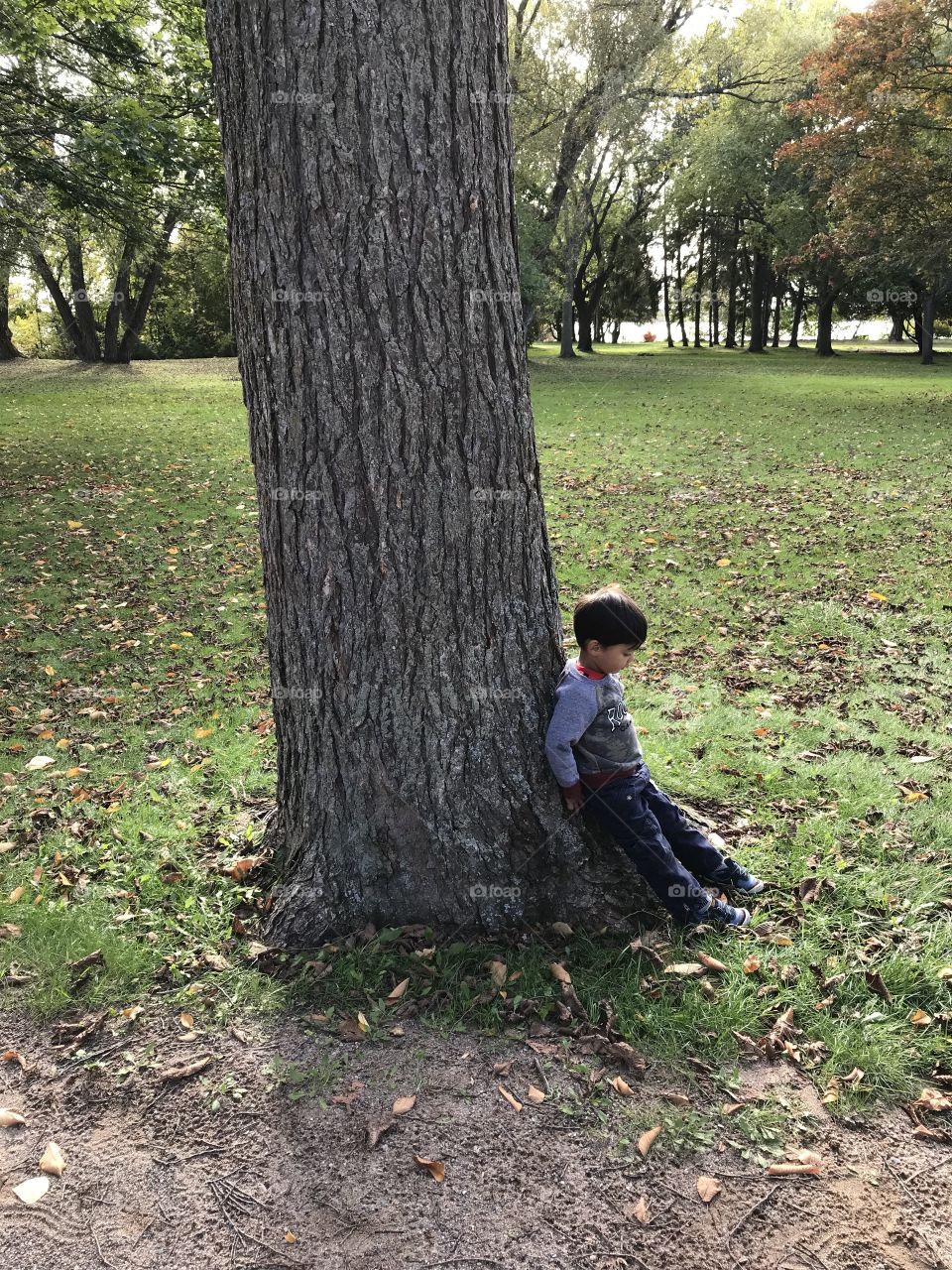 Young boy leaning against the side of a tree
