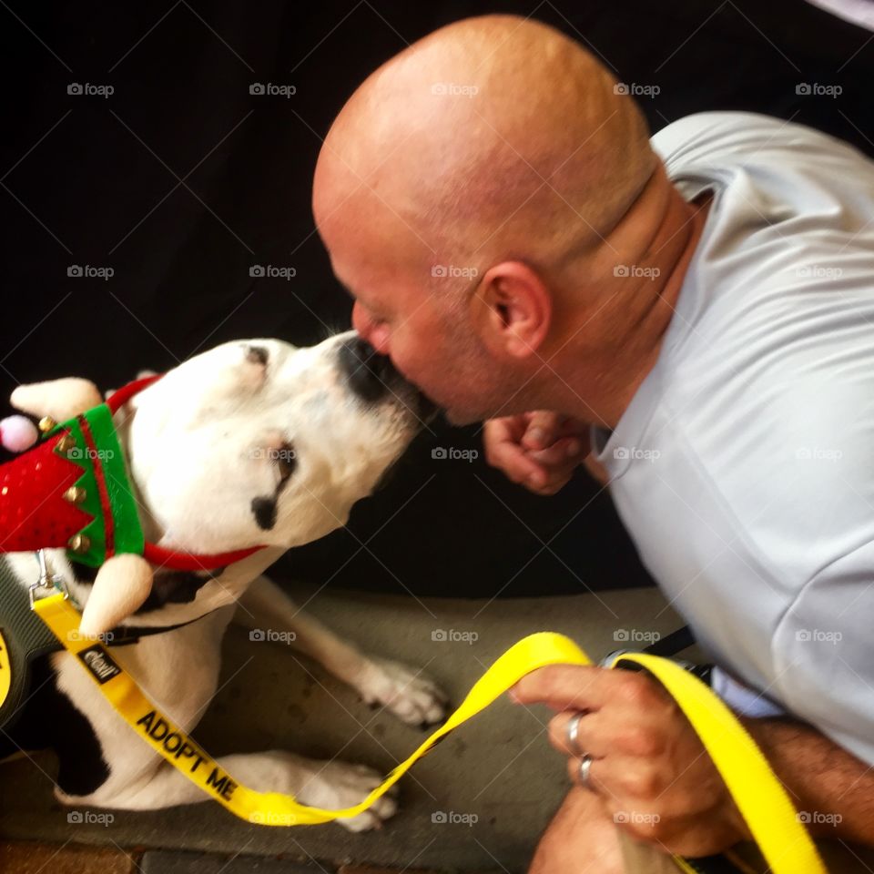 Man and rescue dog sharing a kiss at an adoption event for homeless pets