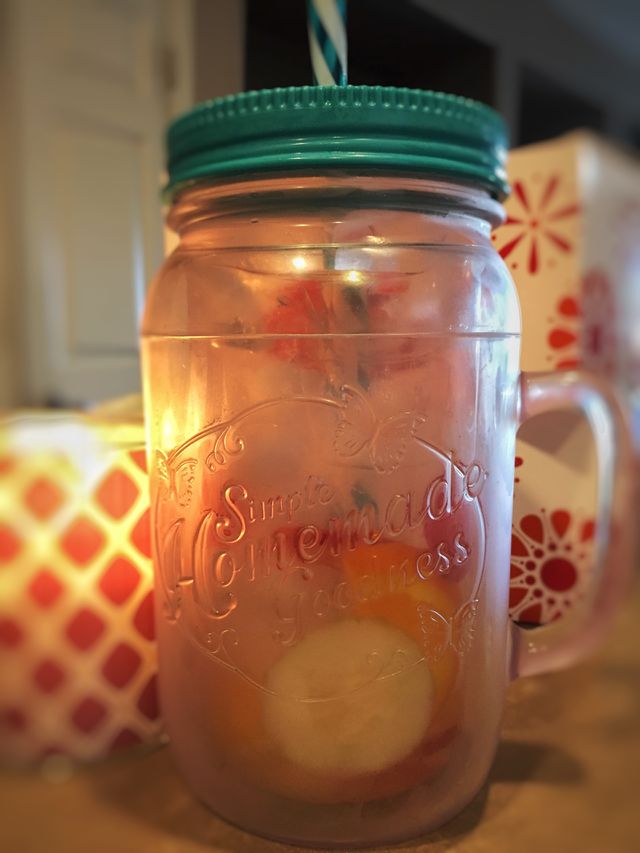 Ready for my day with my fruit, cucumber water. 