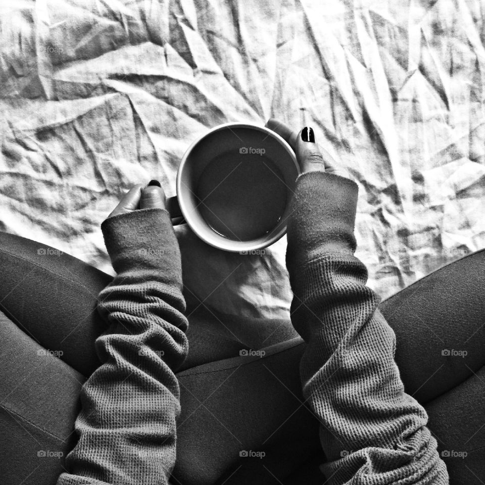 Coffee and comfy. Drinking coffee