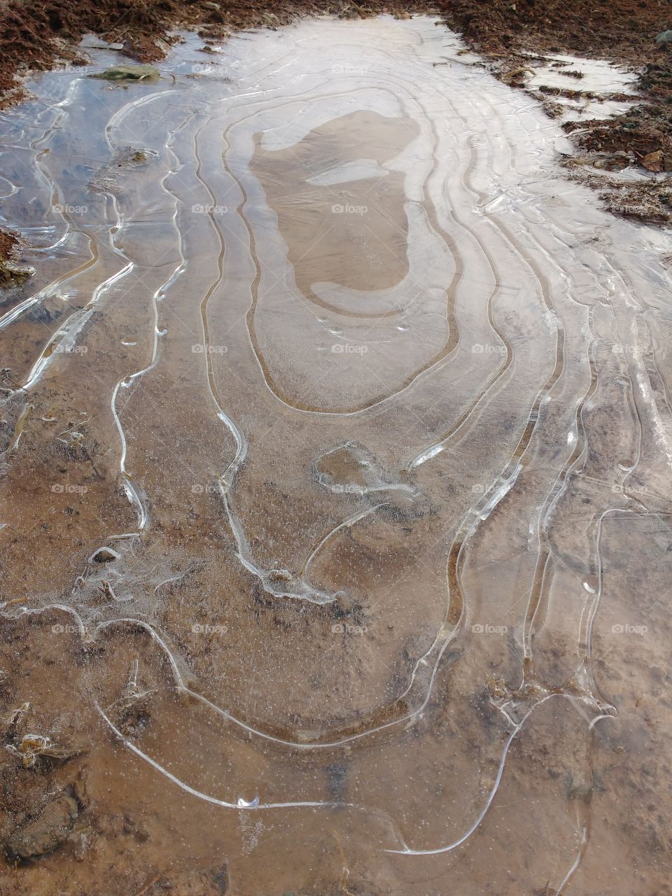 layers of ice on a mud puddle