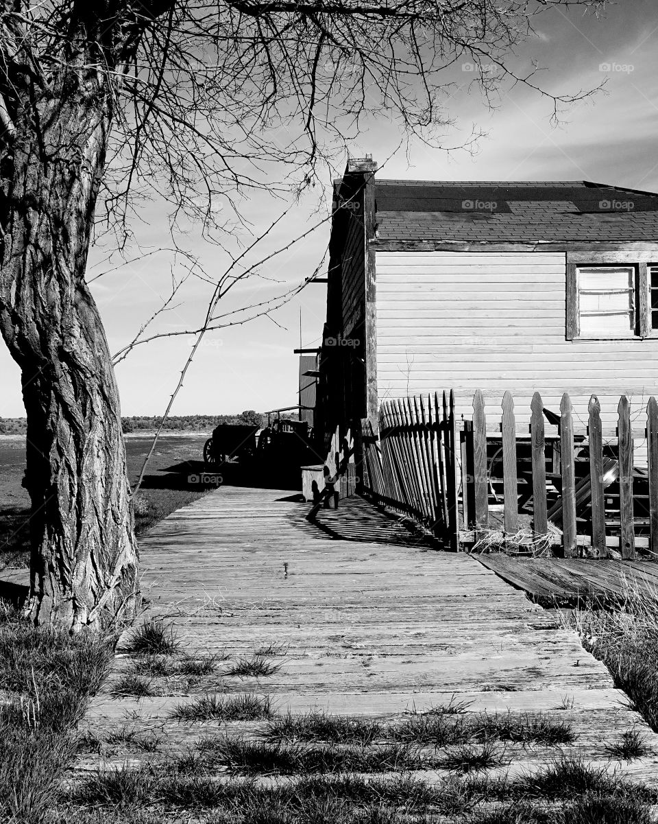 An old and worn wooden walkway leads past an abandoned house in Shaniko, Oregon. 
