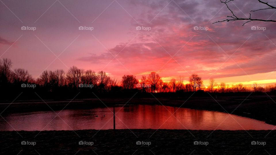 Scenic view of lake at sunset