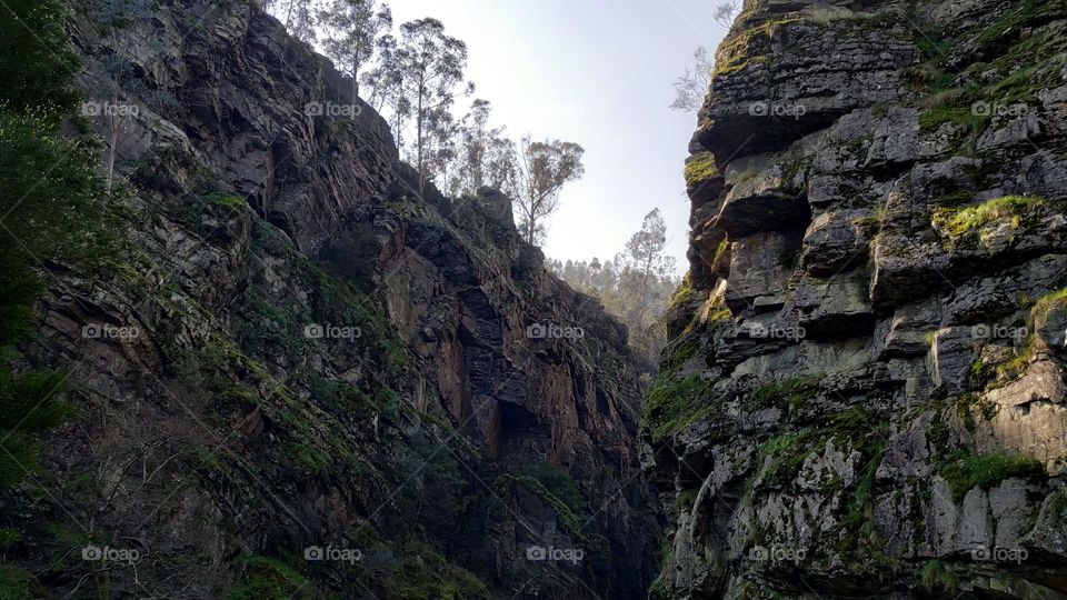 Hiking through rock canyon leading to the forest