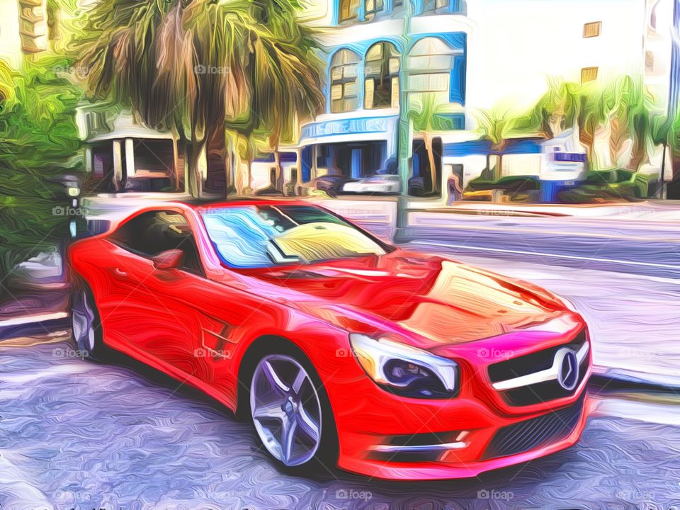 A beautiful red Mercedes Benz. 