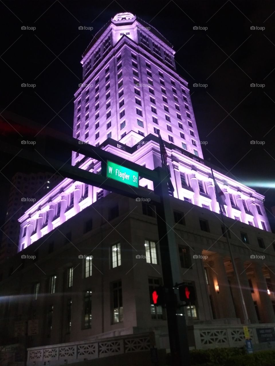 downtown Miami courthouse purple night