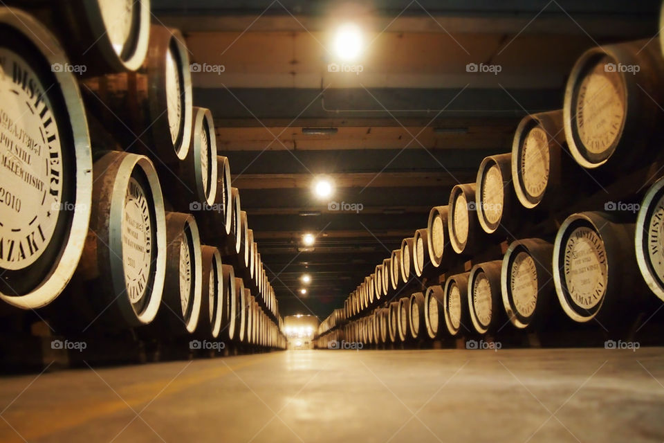 Suntory Oyamazaki whiskey factory barrels.
