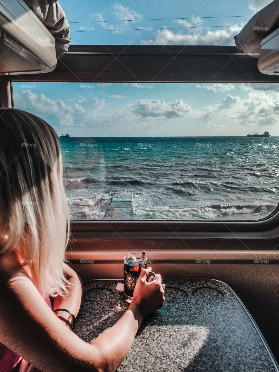 girl on the train admires the sea