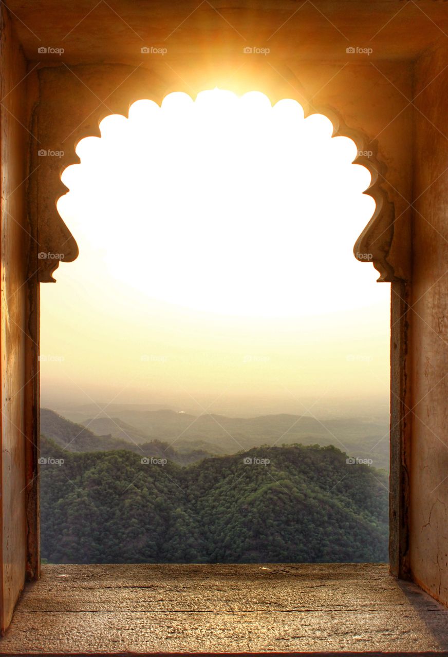ancient architecture....window from a palace in Rajasthan India...sunset time...amazing view...