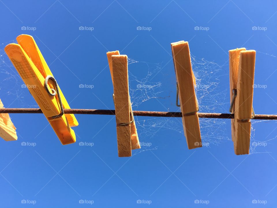 Several wooden clothesline clothes pegs on a wire clothesline against a vivid blue sky, dainty spiderwebs 