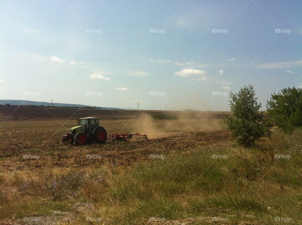 Tractor ploughs field