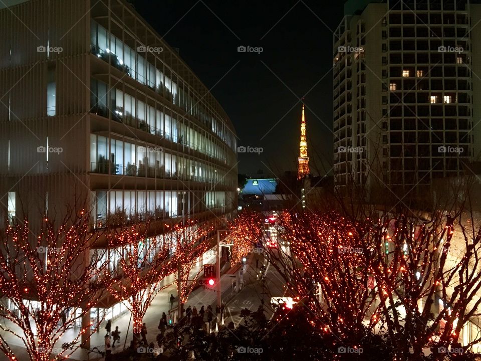 Christmas lights in Roppongi Hills, Tokyo with Tokyo Tower standing in the background. 