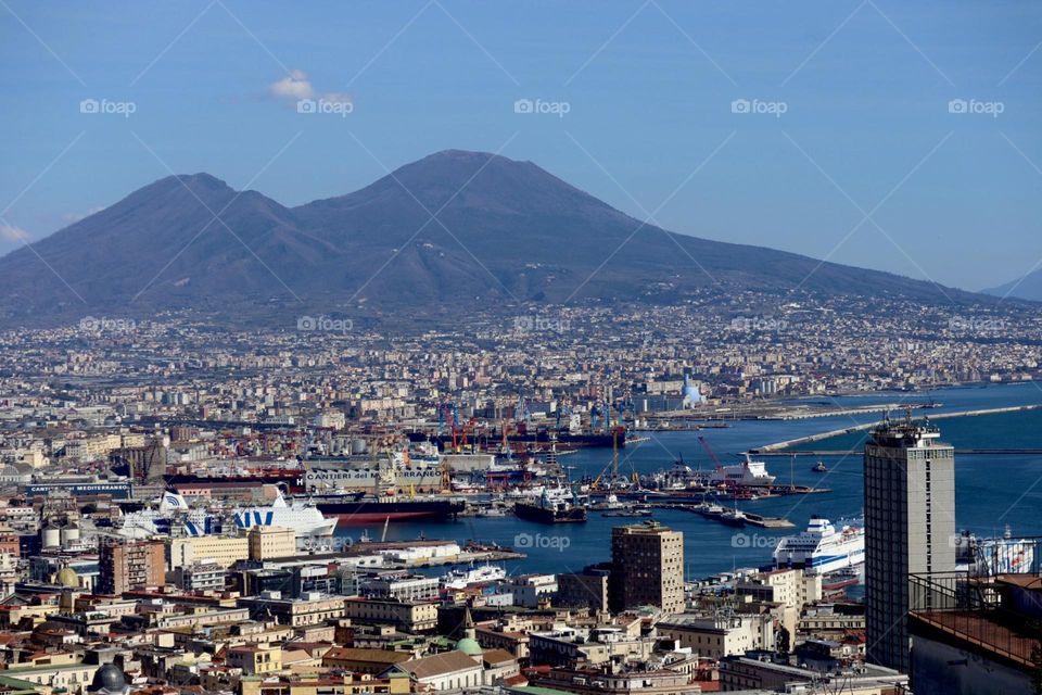 View of Napoli port with volcano mount Vesuvio