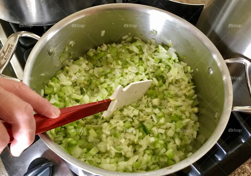 Cooking - the start of a vegan black bean soup.