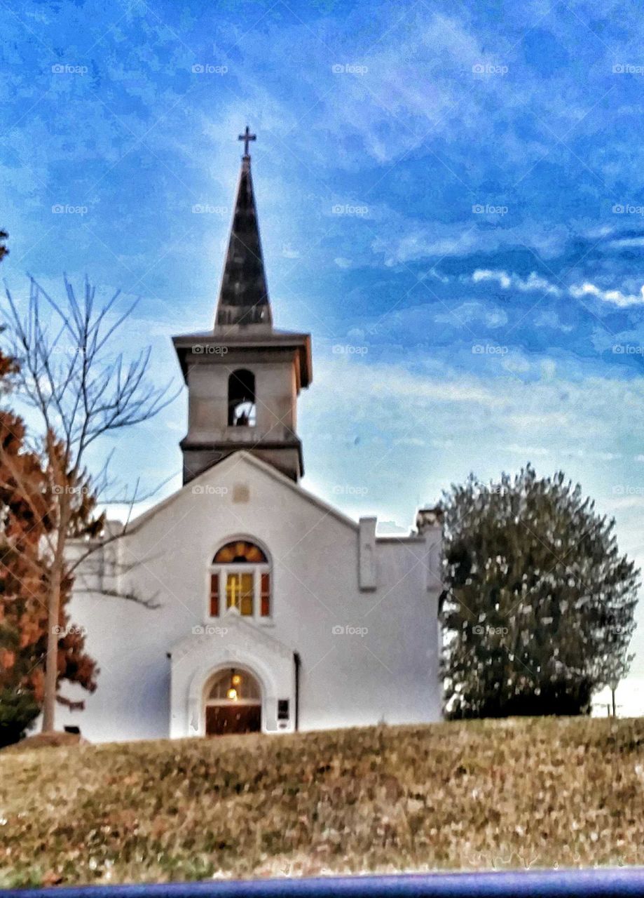 Church and sky. photo from car