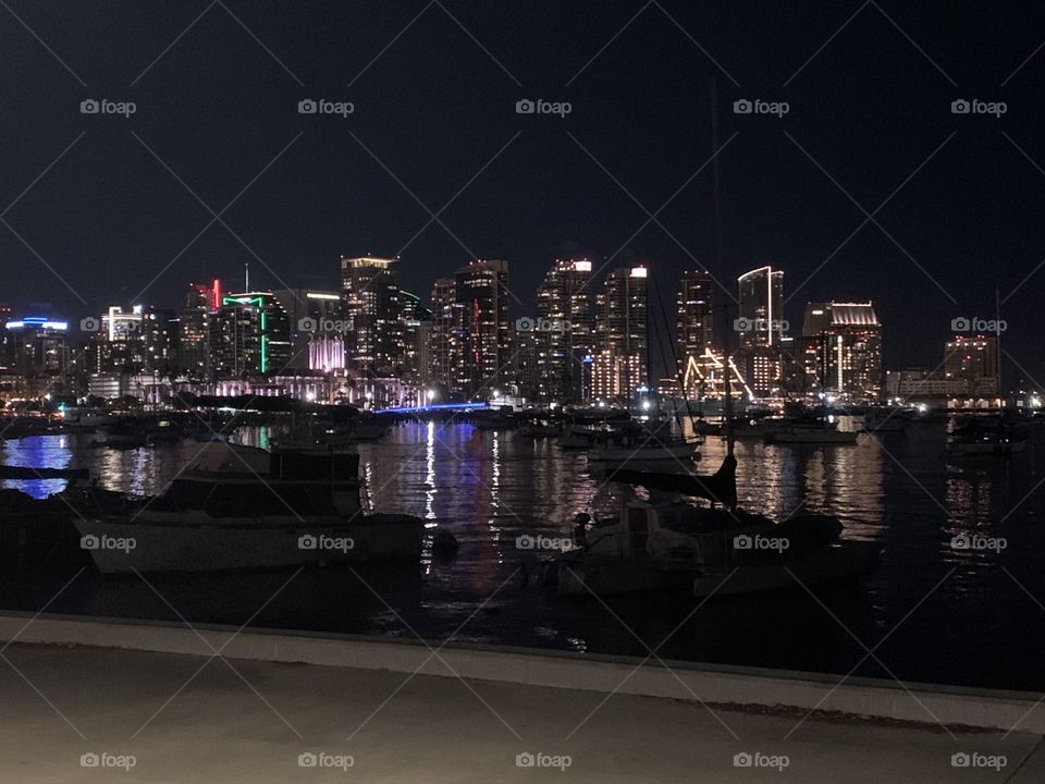 Downtown San Diego skyline shines in all its nighttime glory.