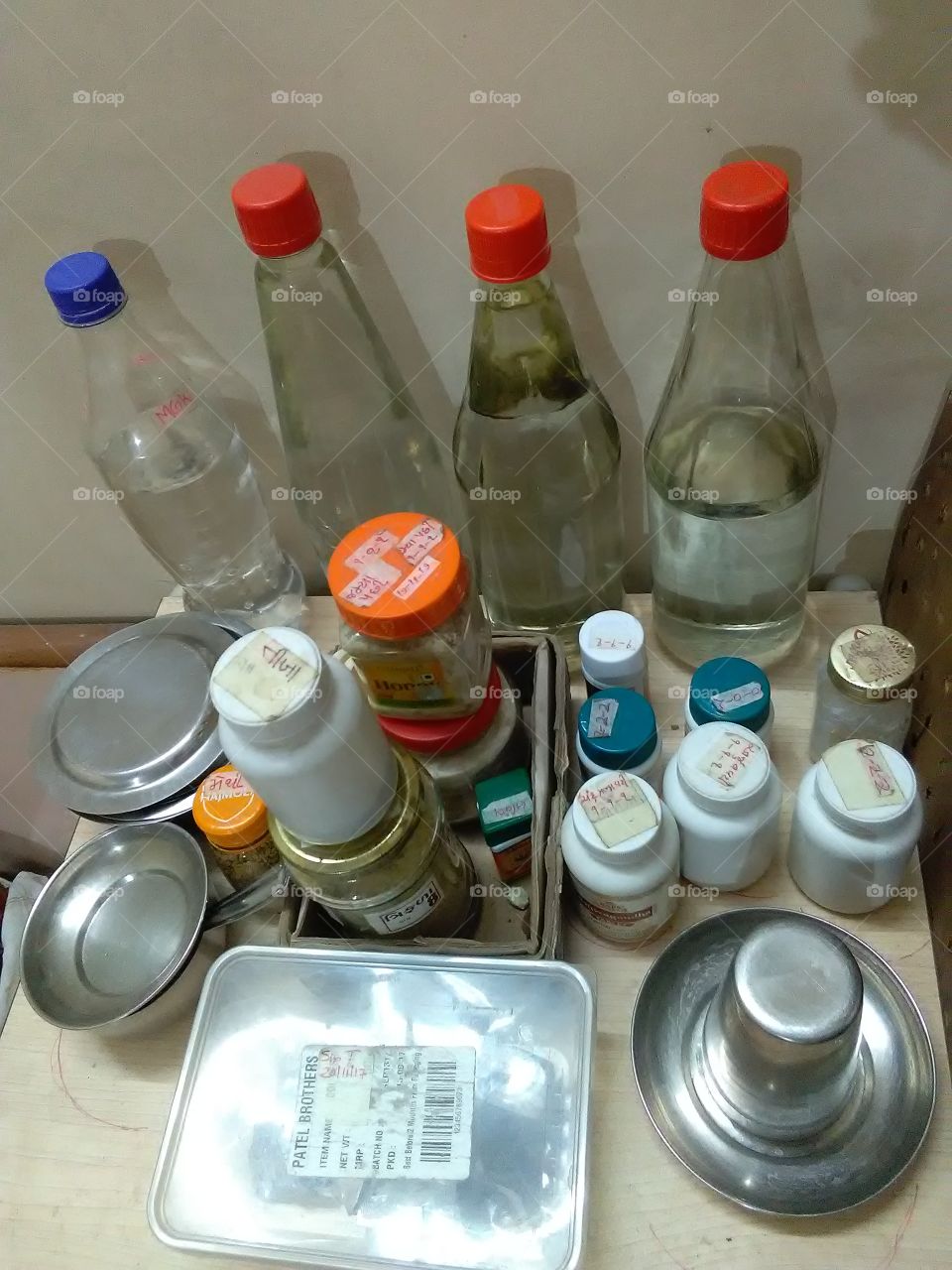 Ayurveda medicine and water bottles