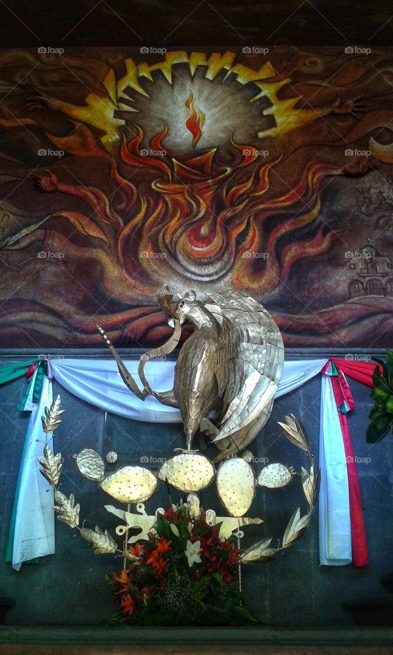 México,Eagle,nopal,México is independence,Fire,snake,
flag,mural,landscape,colorful