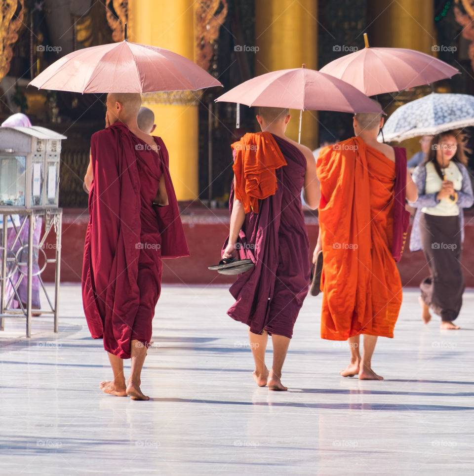 Monks walk in the sunny day