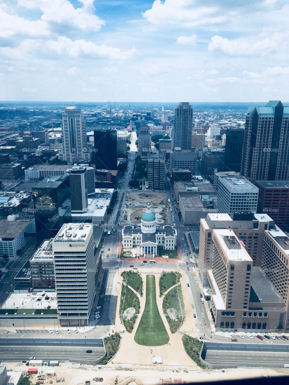 City beautiful overhead green skyscrapers skyline sky St. Louis arch dome architecture vivid 
