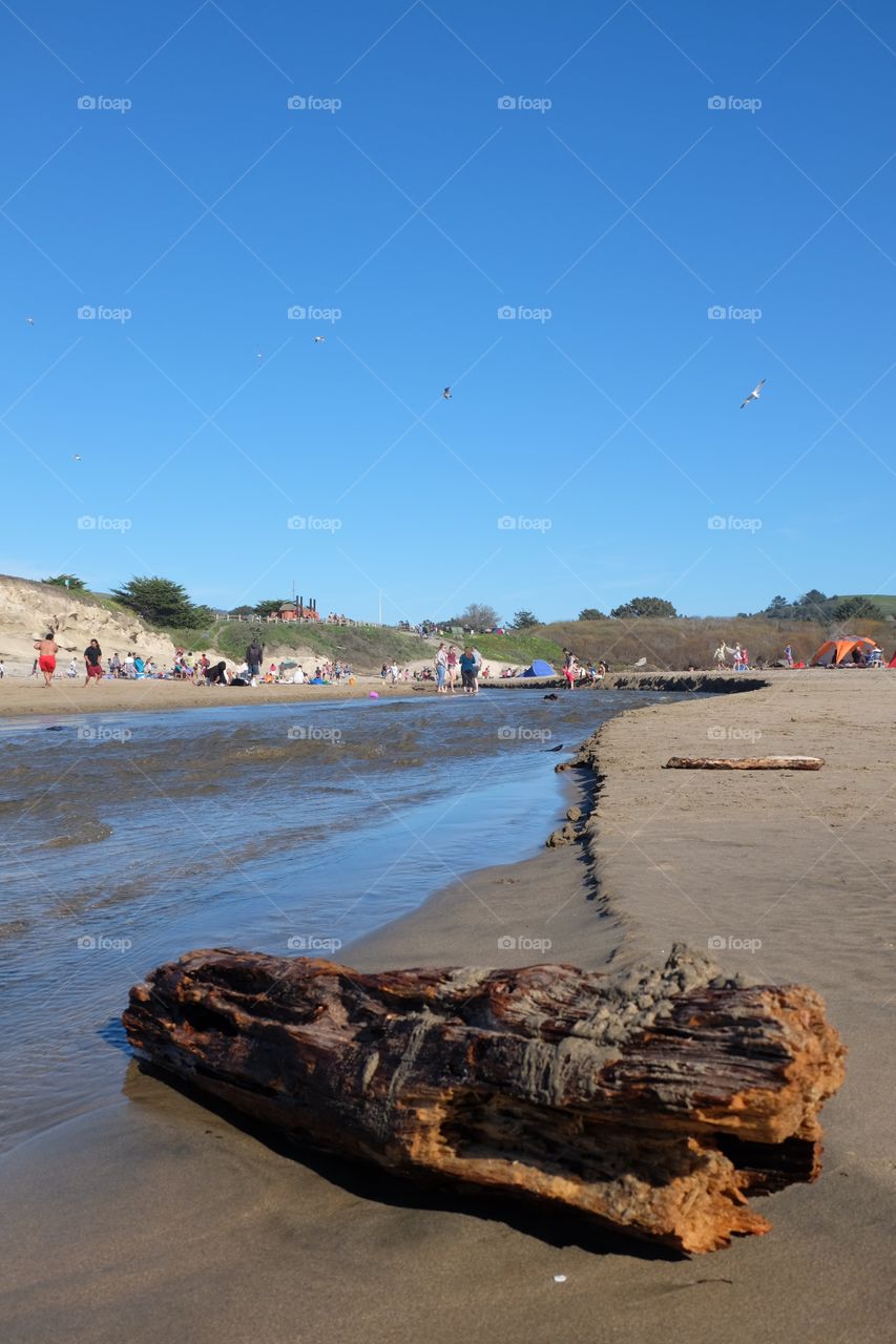 People on beach near mouth of a river