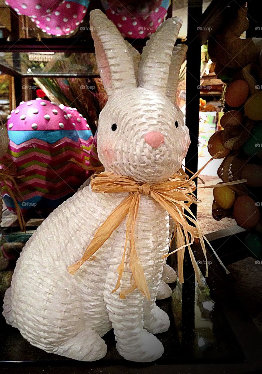 Festive wicker rabbit decoration.