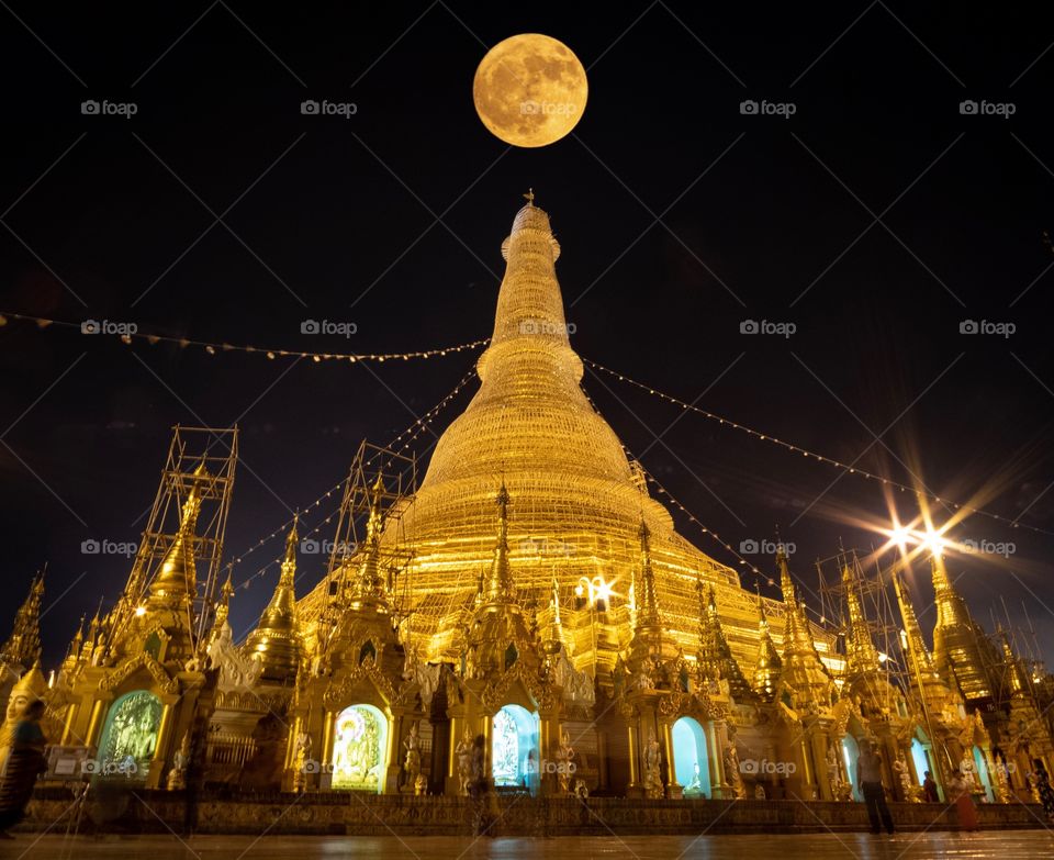 Full moon over Shwedagon pagoda photo for Moon landing by Apollo 11  50 th anniversary celebration, I love moon