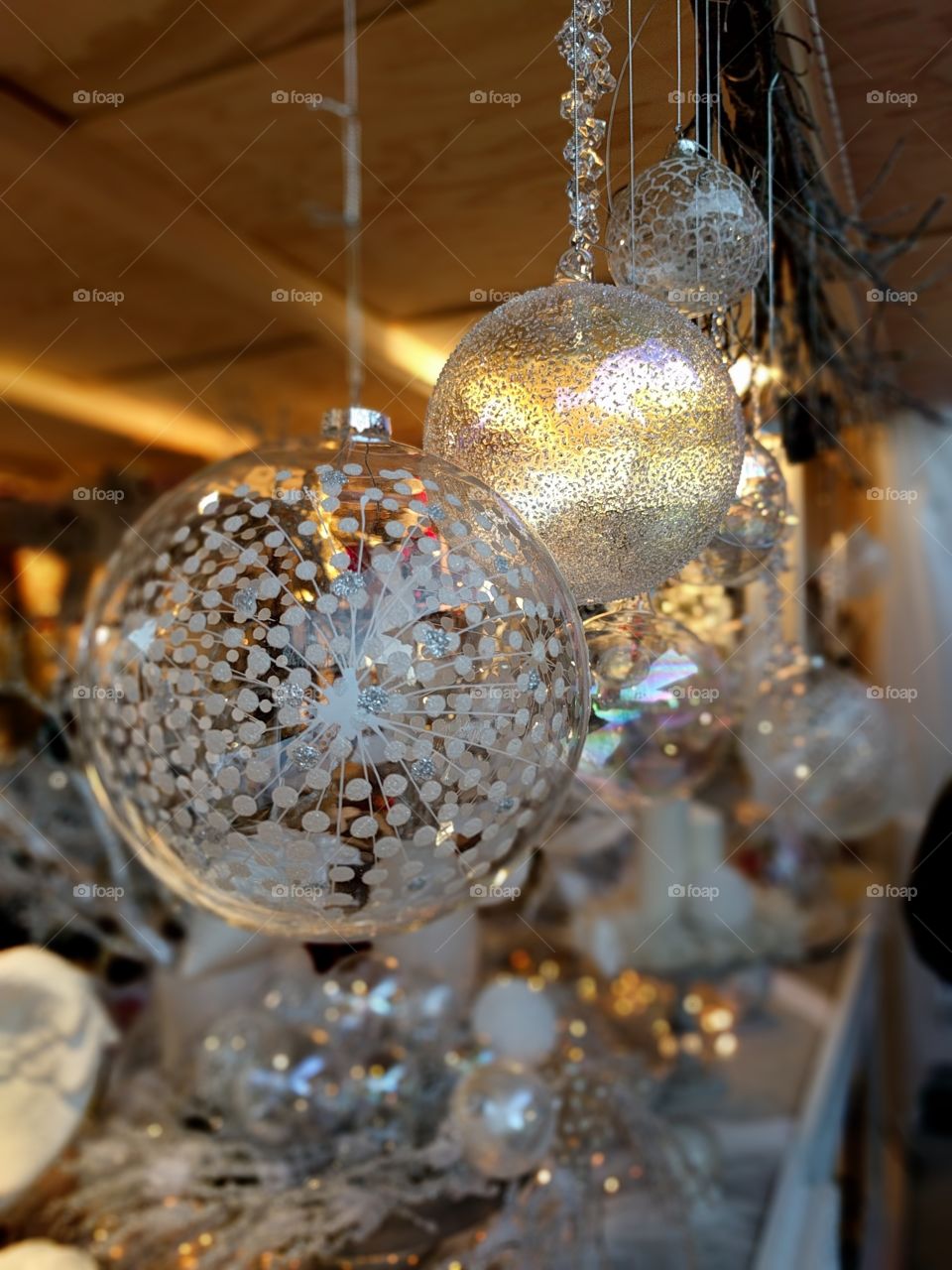 crystal balls hanging on the Christmas market of Forte dei Marmi
