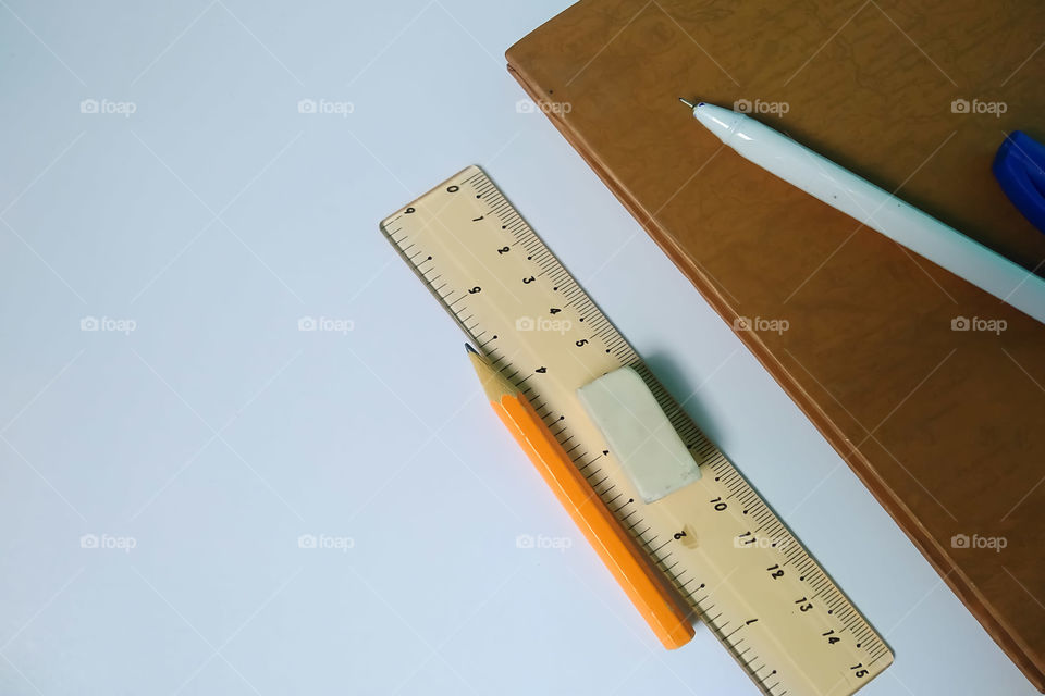 Office essentials on white background