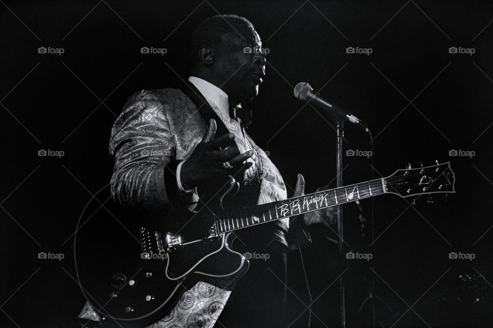 10 March 1996, the legendary Blues Boy, B. B. King performing at the Arena Hall in Poznan, Poland. American blues guitarist and singer-songwriter. Archival image could have imperfections as it is digital reproduction from b&w negative. Editorial use.