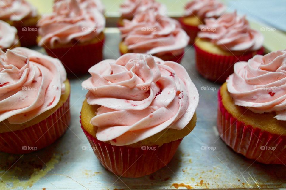 Close-up of fresh strawberry cupcakes