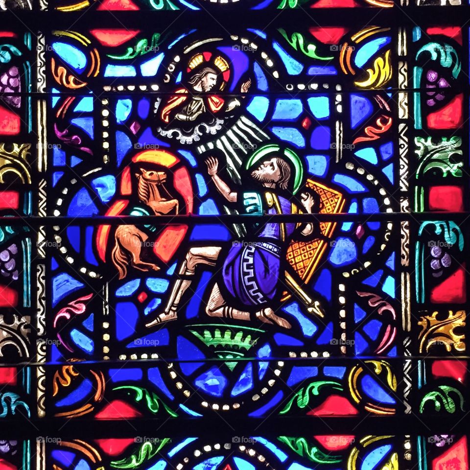 Saul on the road to Damascus . Stained glass window at Westminster Presbyterian Church in Minneapolis, Minnesota 