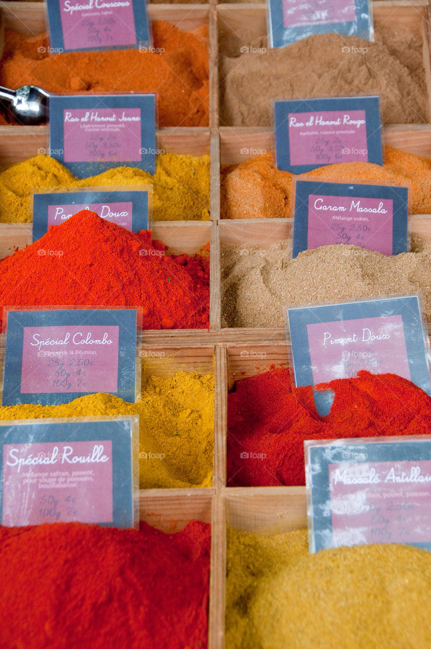 Spice display at the farmers market in France