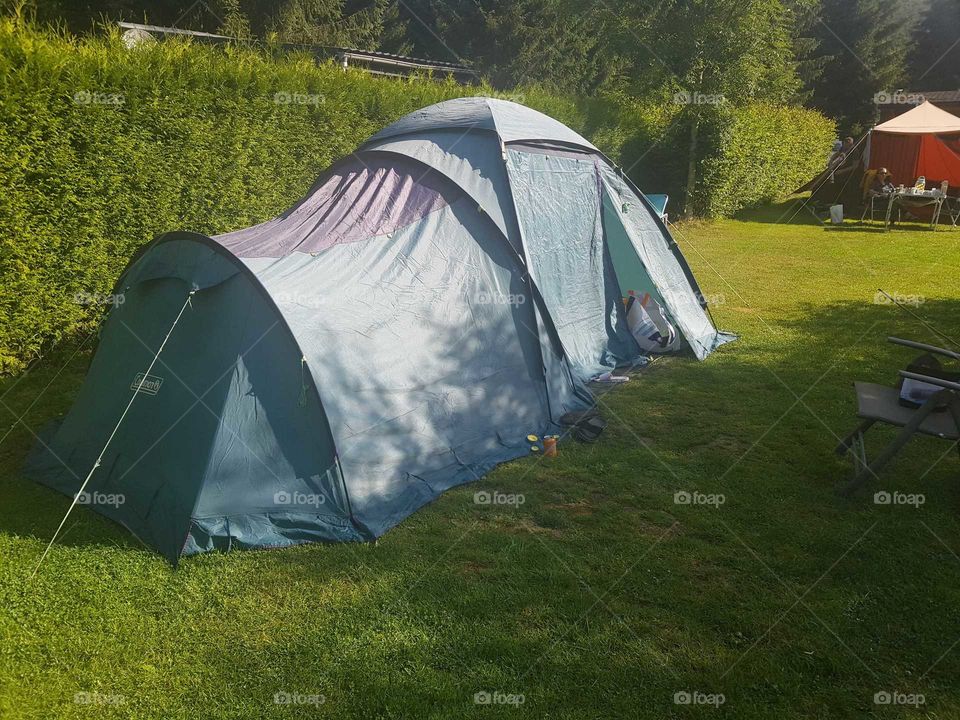 Camping in a groene tent at the campsite. On a lawn along a hedge. Holliday summer.