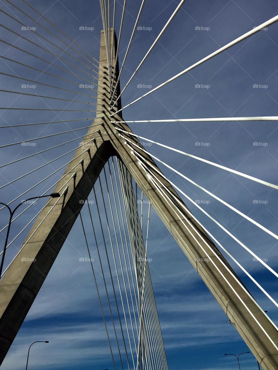 Architecture of the Zakim bridge in Boston. Unique bridge going over water, amazing to see. Bridges carry cars, subways, trucks etc. The view from the bridge is amazing.