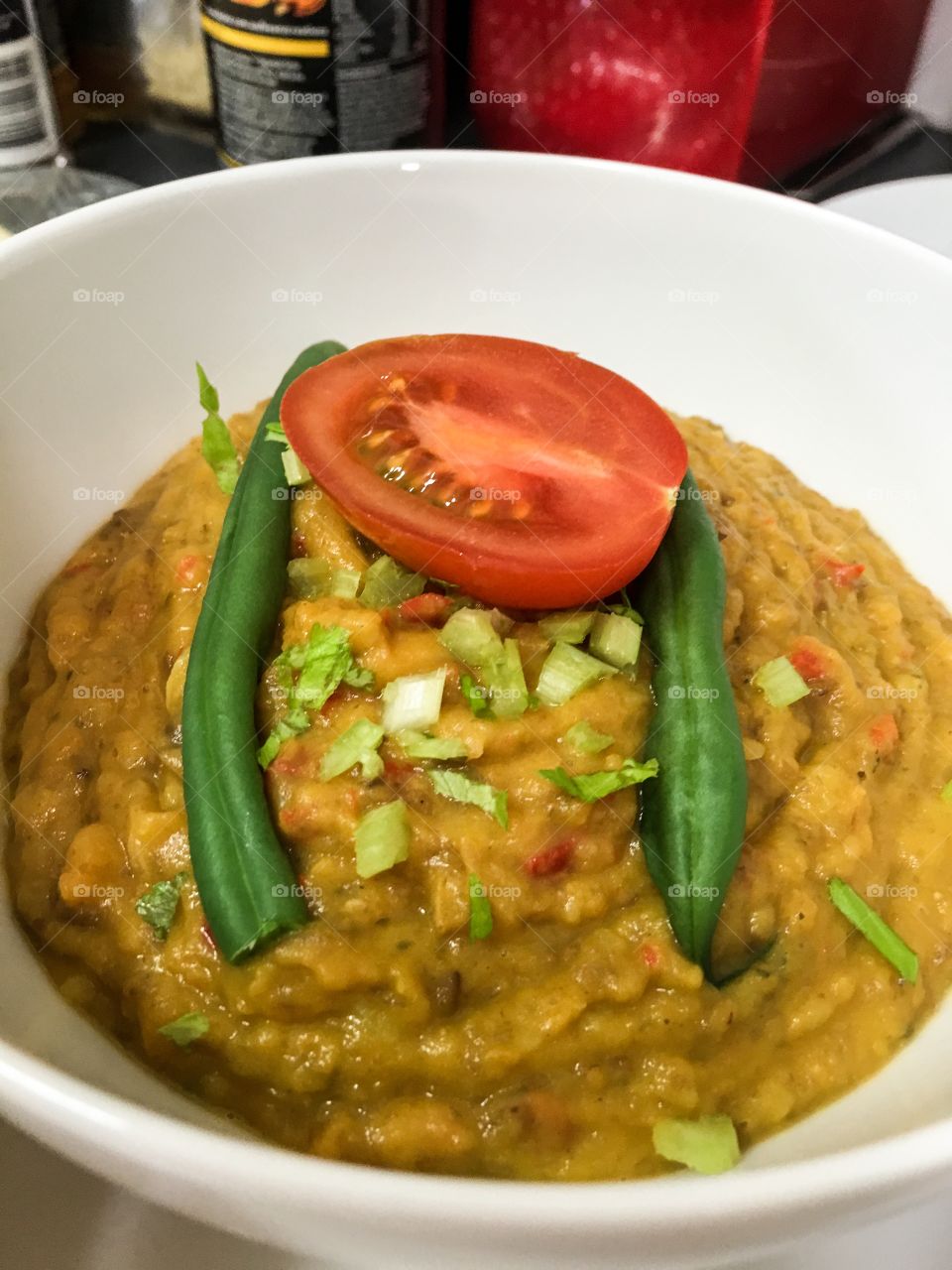 Vegetarian pumpkin squash lentil vegetable soup purée 