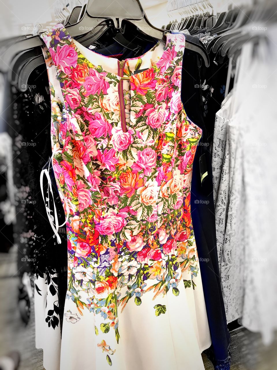 Colorful sleeveless Dress with red, pink, yellow flowers