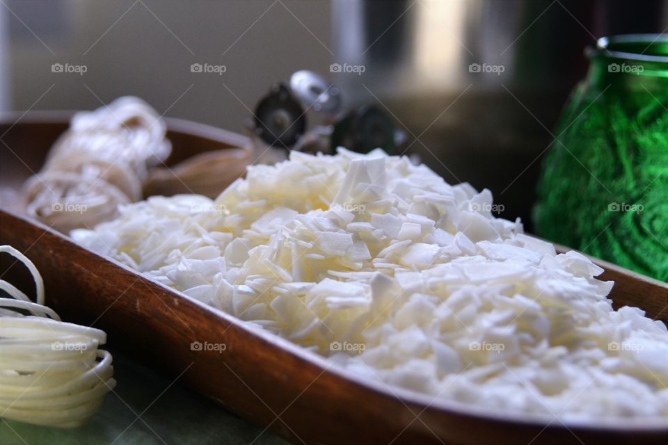 Close up of candle soy wax flakes 