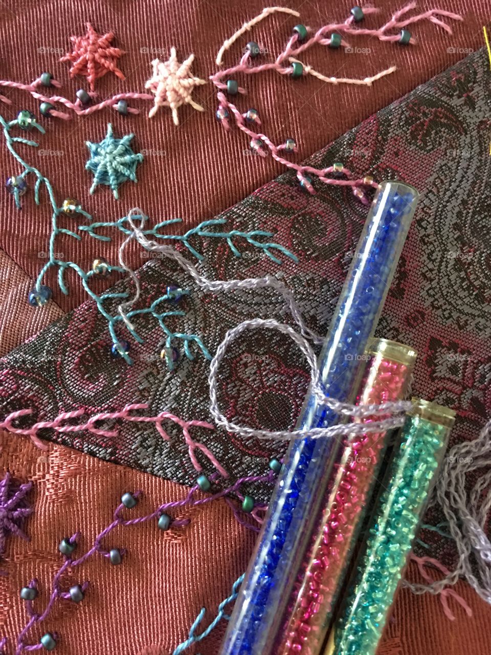 Beads and thread on crazy quilt embellishment 