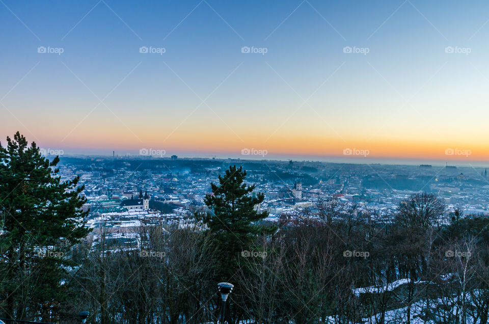 Lviv cityscape during the sunset