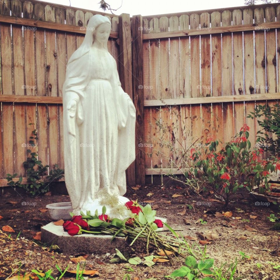 Roses for Momma. Catholic statue