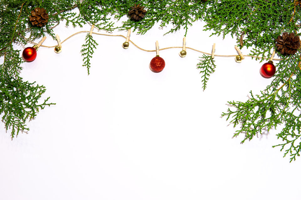 Christmas frame with rope, branches and decoration