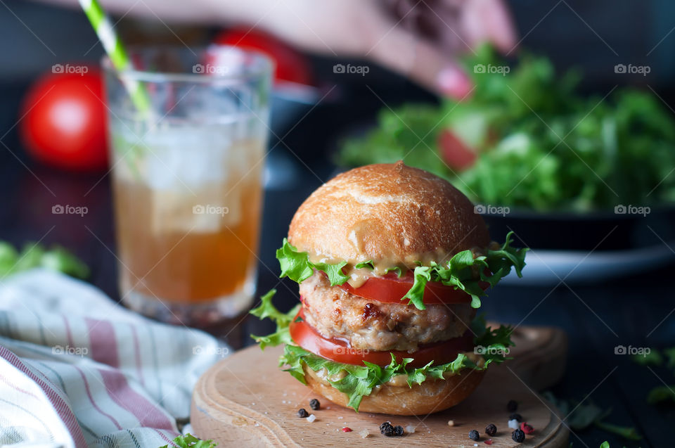 homemade hamburger  with salad and beef