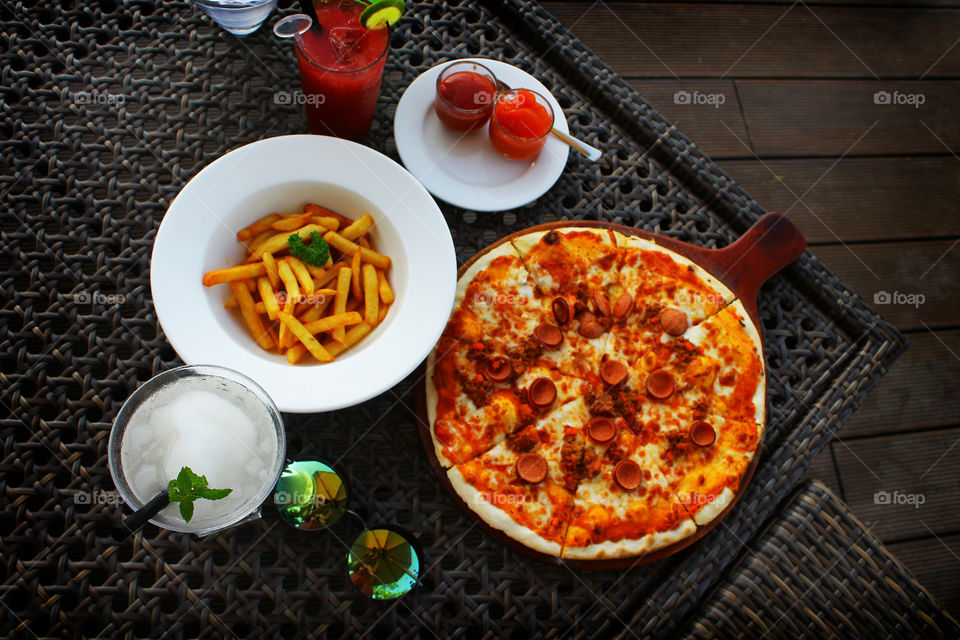 french fries and pizza