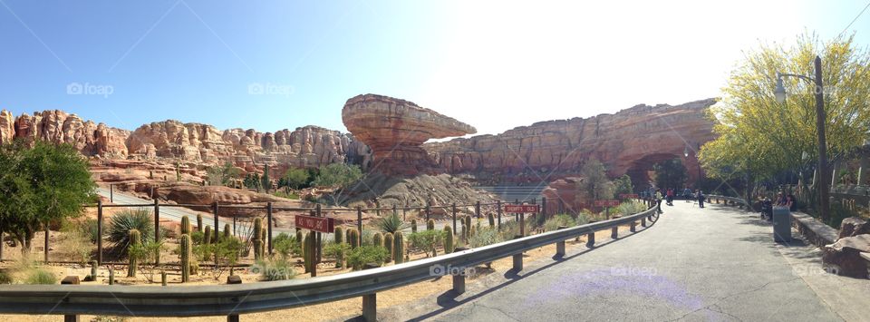 Cars Land. In California Adventure, in Anaheim California. This is a panorama of the one of cars land's most famous rides and the main attraction for coming here 