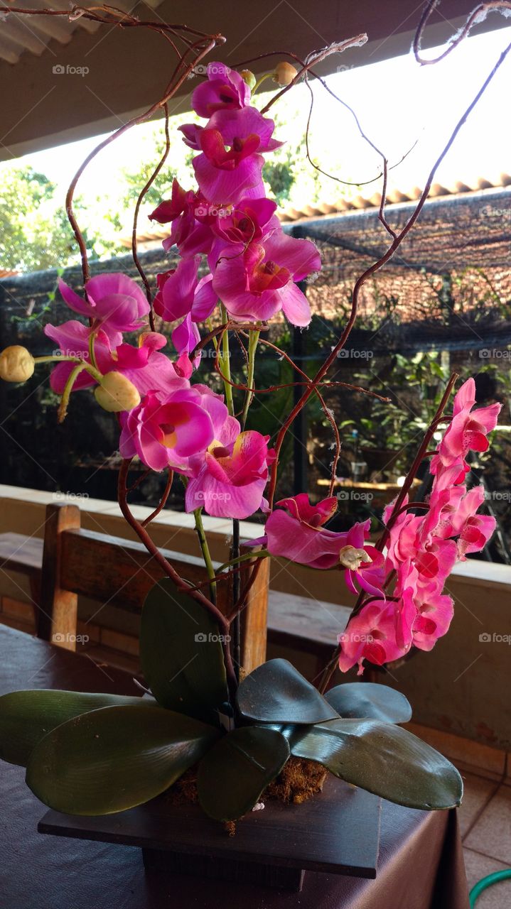 Vaso de flores. Orquídeas artificiais, identificas às naturais.