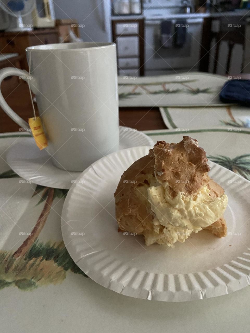 One of my mom’s famous cream puffs. The cream is out of this world but made with skim milk so you don’t have to feel too guilty eating it.