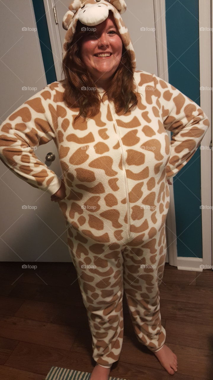 Getting silly in a giraffe onesie.