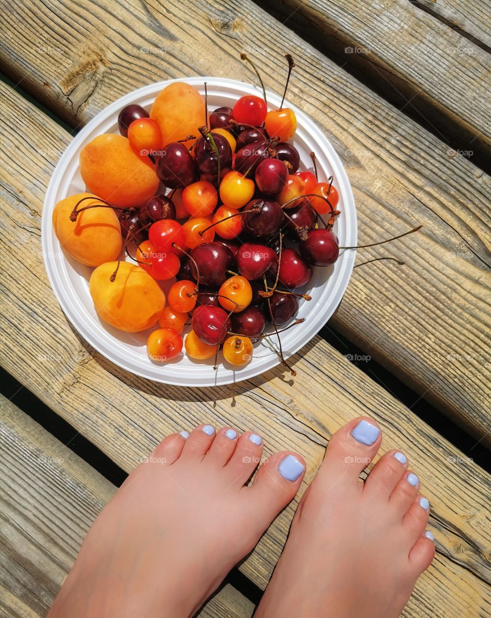 Summer color fresh day fruits berry view bio fresh yummy foot view wood wooden man doll red outdoor outside joy happy