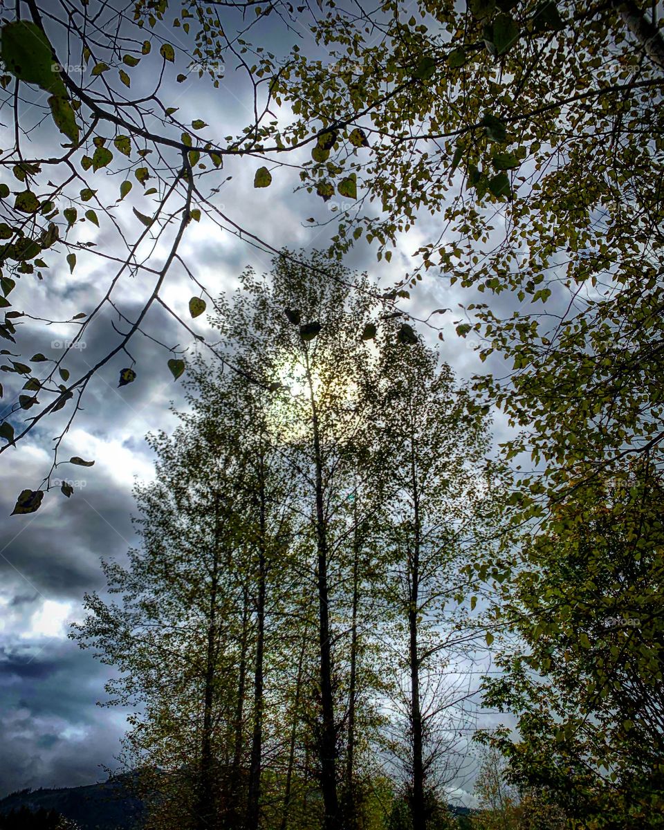 The sun, peeking through the clouds on a stormy fall day, saying hello before he goes away for winter.
